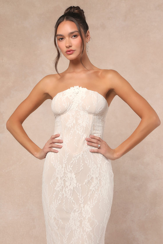 Lulus Valeria White Lace Strapless Bustier Maxi Dress In White