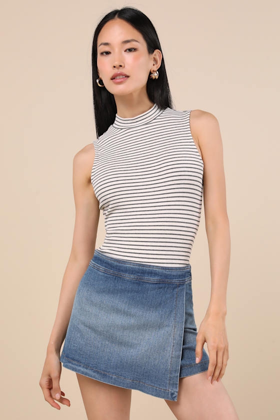 Lulus Definite Perfection Medium Wash Denim Faux Wrap Skort In Blue