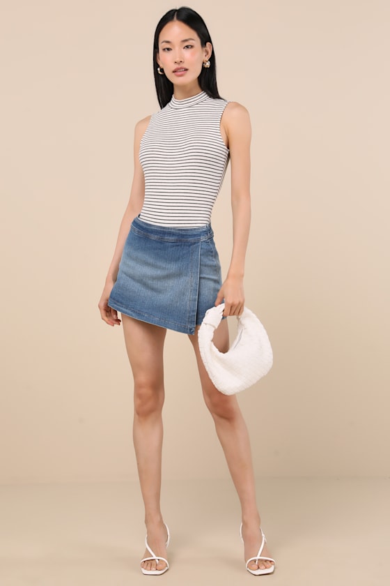 Lulus Definite Perfection Medium Wash Denim Faux Wrap Skort In Blue