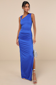 Enticing Darling Royal Blue Asymmetrical Ruched Maxi Dress 2