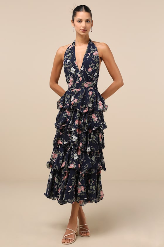 Lulus Exceedingly Gorgeous Dark Navy Floral Tiered Halter Midi Dress In Navy