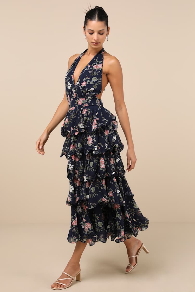 Exceedingly Gorgeous Dark Navy Floral Tiered Halter Midi Dress