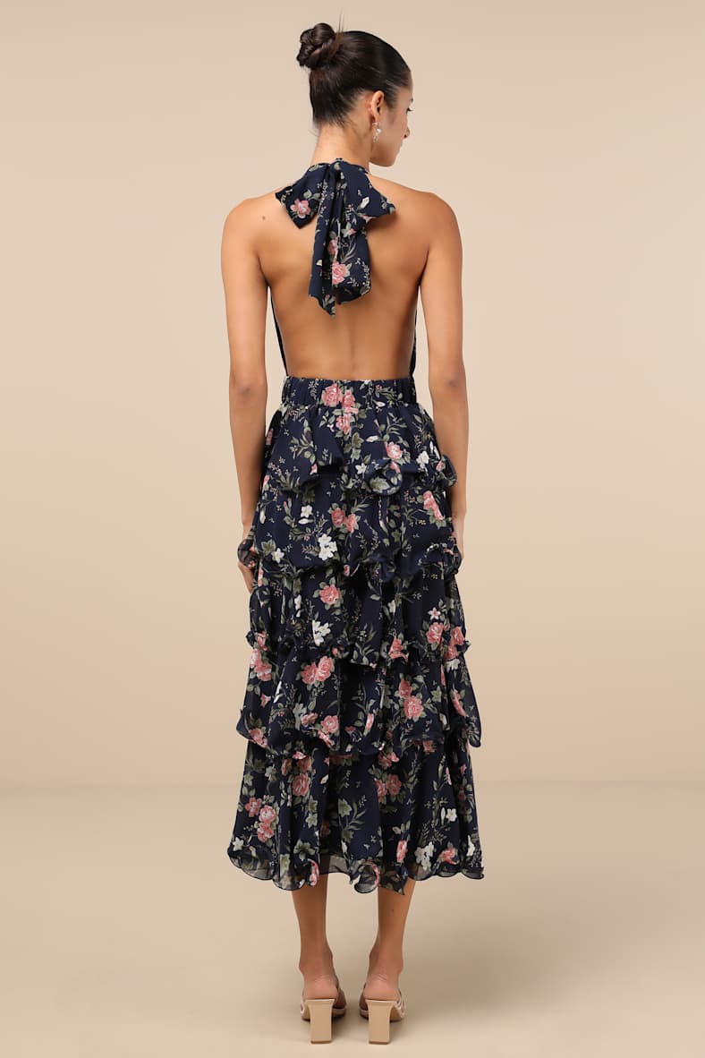 Exceedingly Gorgeous Dark Navy Floral Tiered Halter Midi Dress