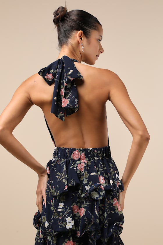 Lulus Exceedingly Gorgeous Dark Navy Floral Tiered Halter Midi Dress In Navy
