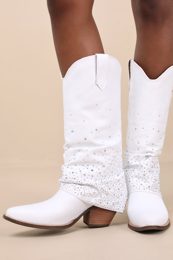 Eye Candy White Leather Rhinestone Knee-High Western Boots 2