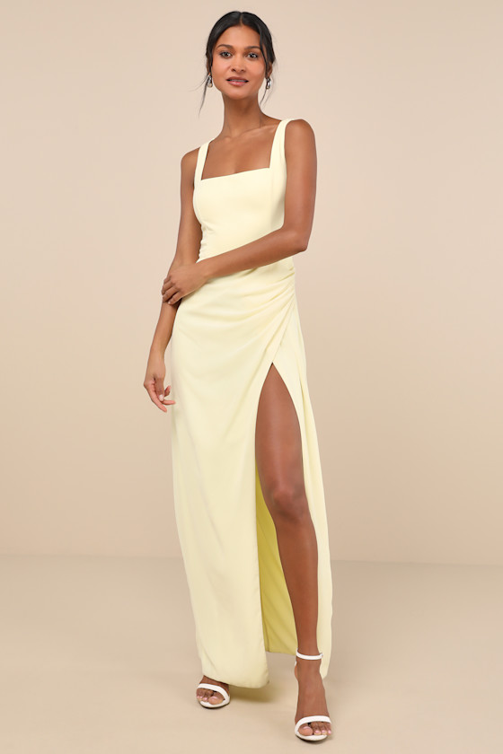 Image of Glamorous Disposition Light Yellow Ruched Maxi Dress