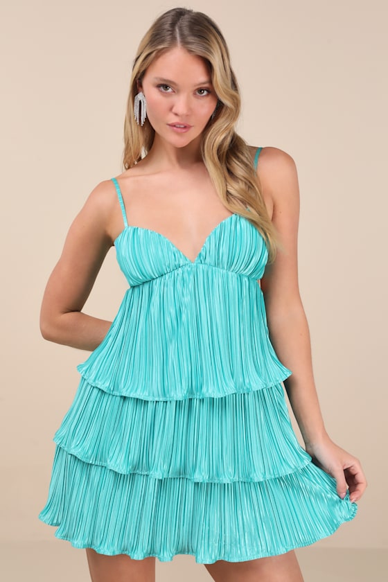 Lulus Sleek Dedication Aqua Blue Satin Plisse Cutout Tiered Mini Dress In Blue