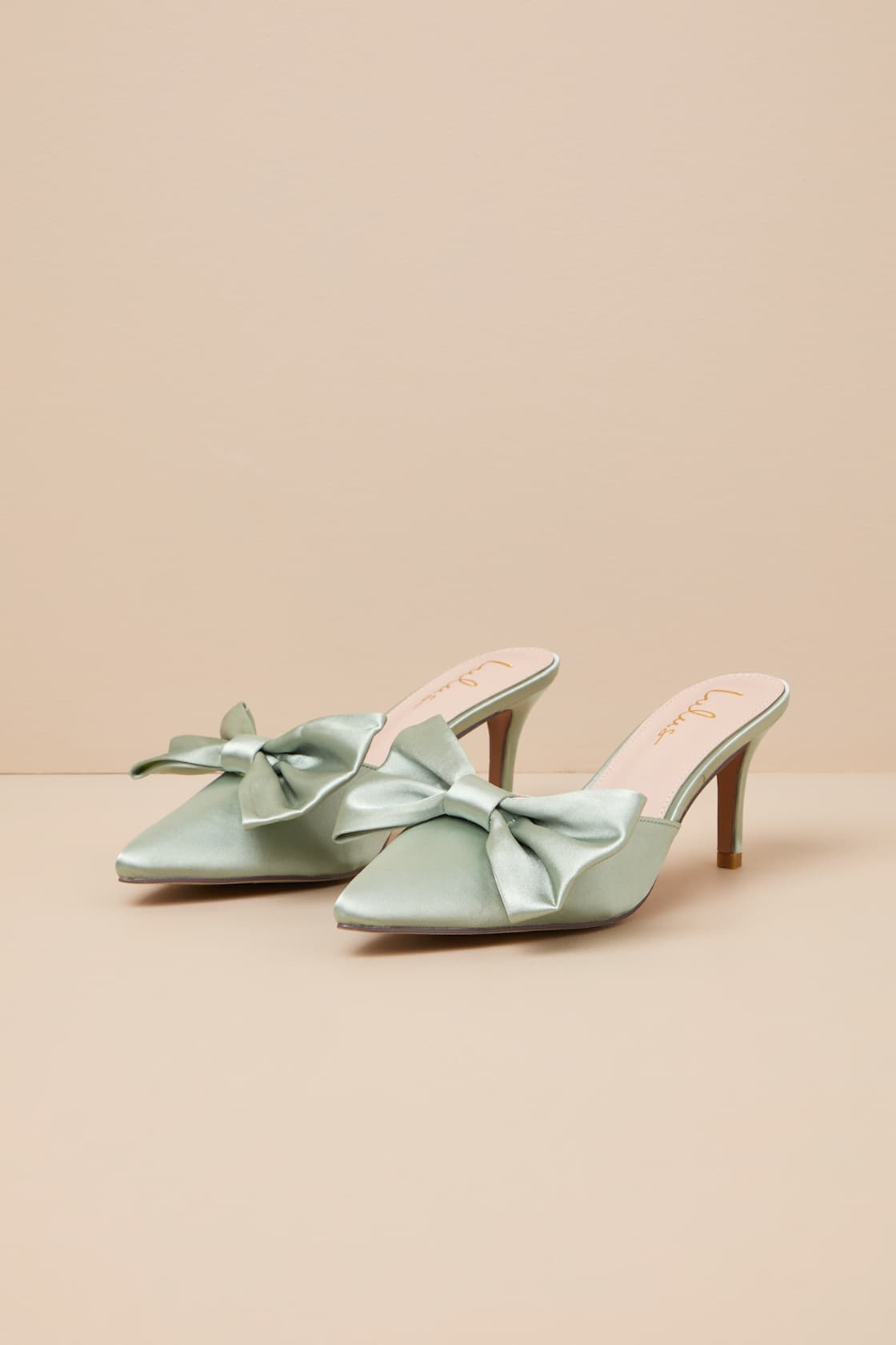 Lyle Sage Green Satin Pointed-Toe Mules