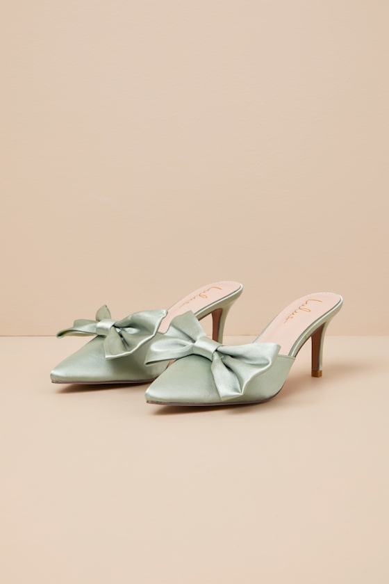Lyle Sage Green Satin Pointed-Toe Mules 1