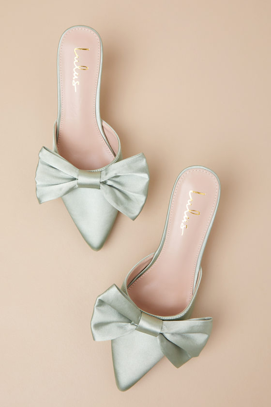 Lyle Sage Green Satin Pointed-Toe Mules 2