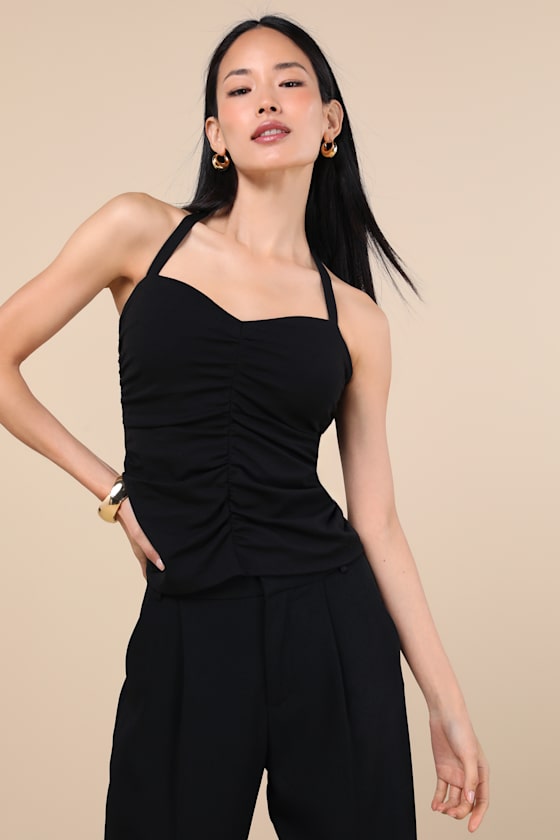 Lulus Ikuye Black Ruched Halter Top In Black