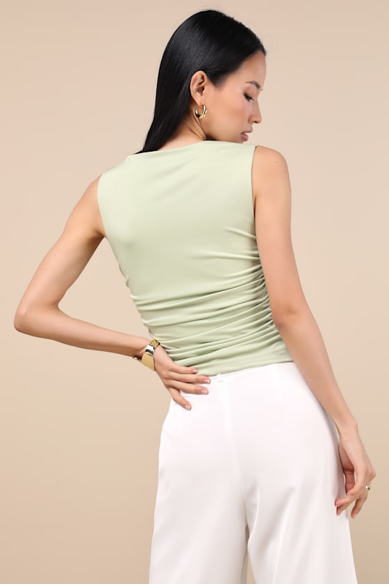 Lulus Ikuko Sage Green Asymmetrical Ruched Sleeveless Top In Sage Green