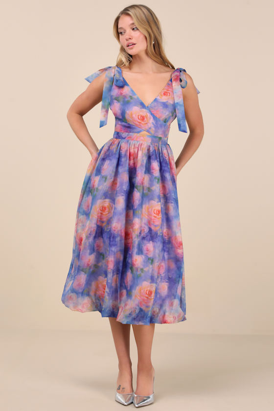Flowering Day Dream Purple Floral Organza Midi Bubble Dress