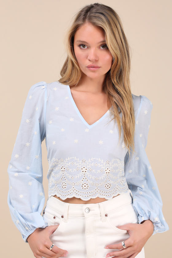 Image of Mavery Light Blue Eyelet Embroidered Long Sleeve Top
