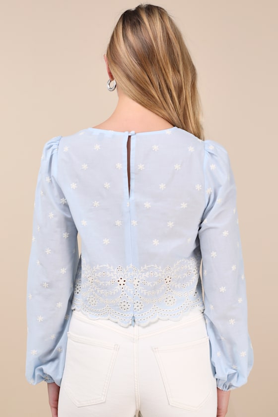 Mavery Light Blue Eyelet Embroidered Long Sleeve Top