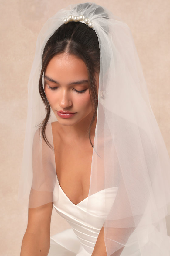 Unconditional White Tulle Pearl Layered Veil - thumbnail 2