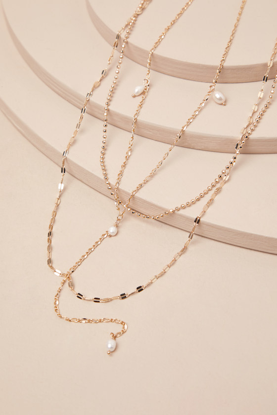 LULUS FERONA GOLD PEARL LAYERED LARIAT NECKLACE