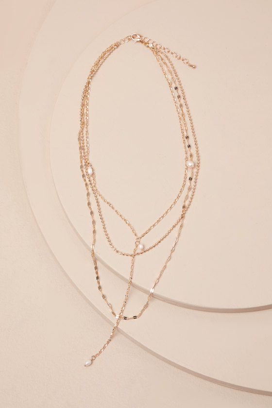 LULUS FERONA GOLD PEARL LAYERED LARIAT NECKLACE