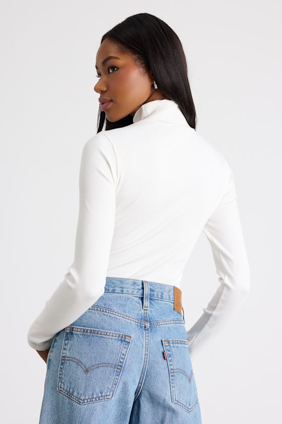 Ivory Long Sleeve Bodysuit - Mock Neck Bodysuit - Ribbed Bodysuit