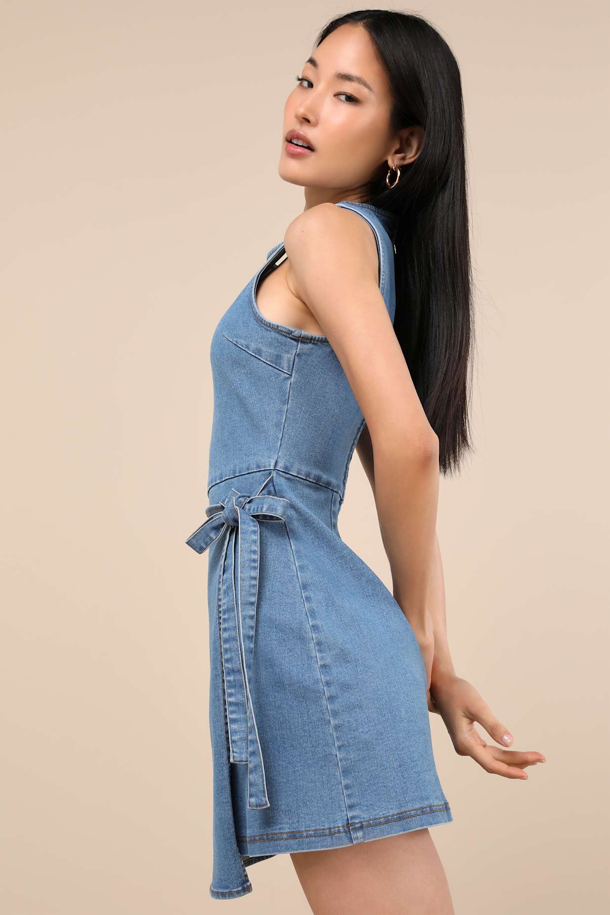 Albena Medium Wash Denim Sleeveless Mini Wrap Dress
