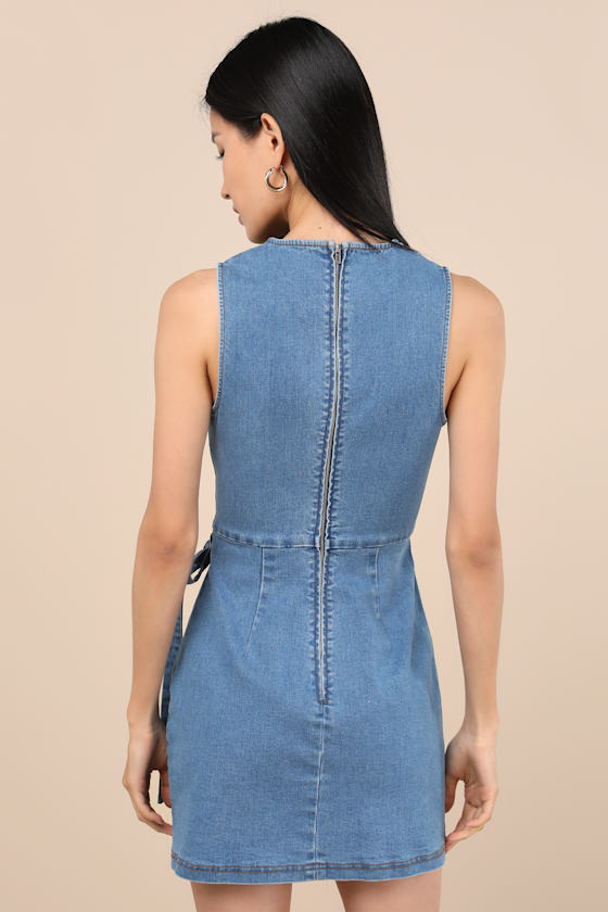Lulus Albena Medium Wash Denim Sleeveless Mini Wrap Dress In Blue