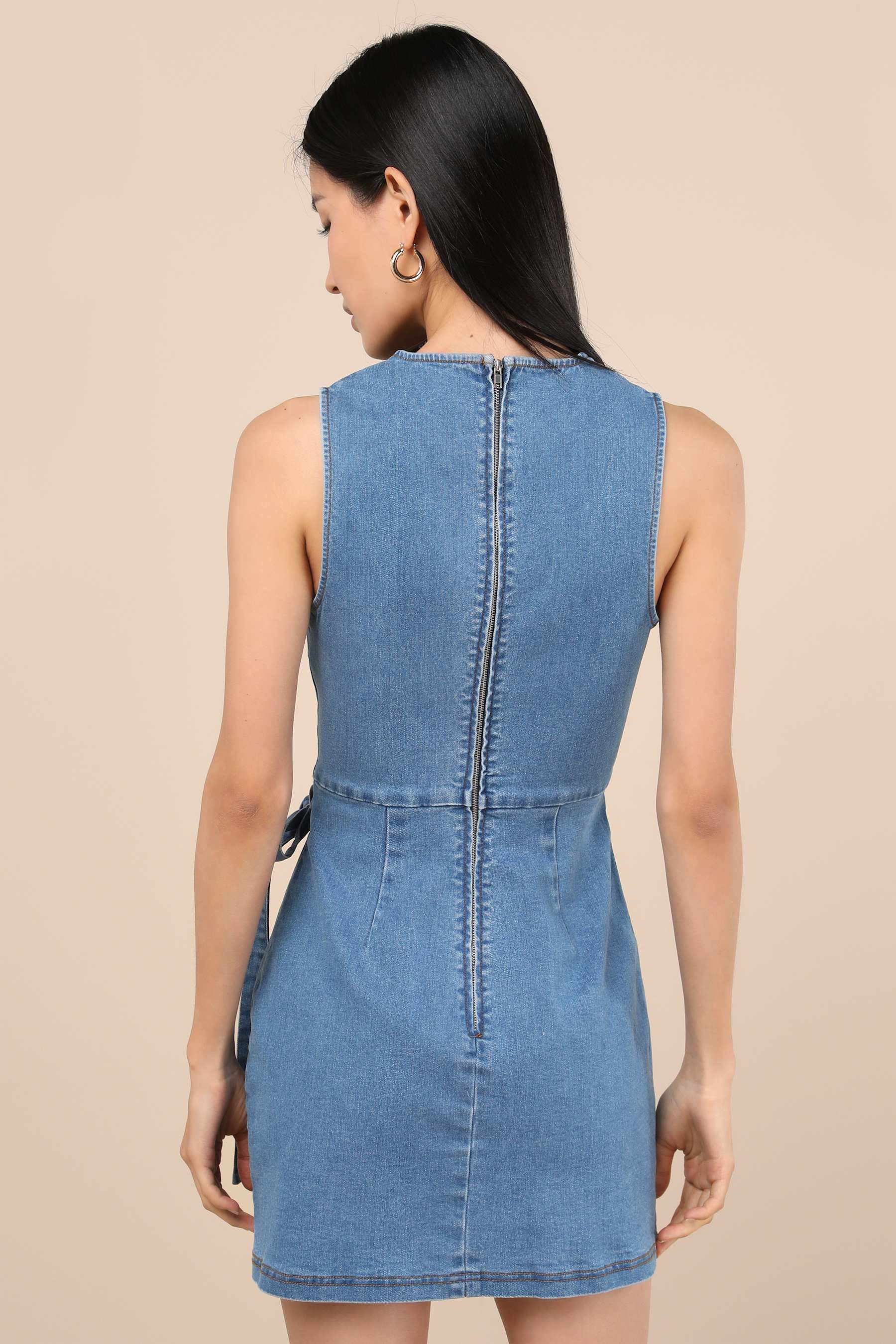 Albena Medium Wash Denim Sleeveless Mini Wrap Dress