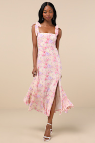Summer Invite Pink Multi Floral Tie-Strap Tiered Midi Dress 2