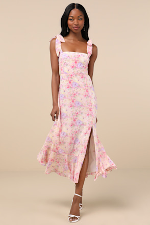 Pink Chiffon Dress - Tie-Strap Midi Dress - Floral Midi Dress - Lulus