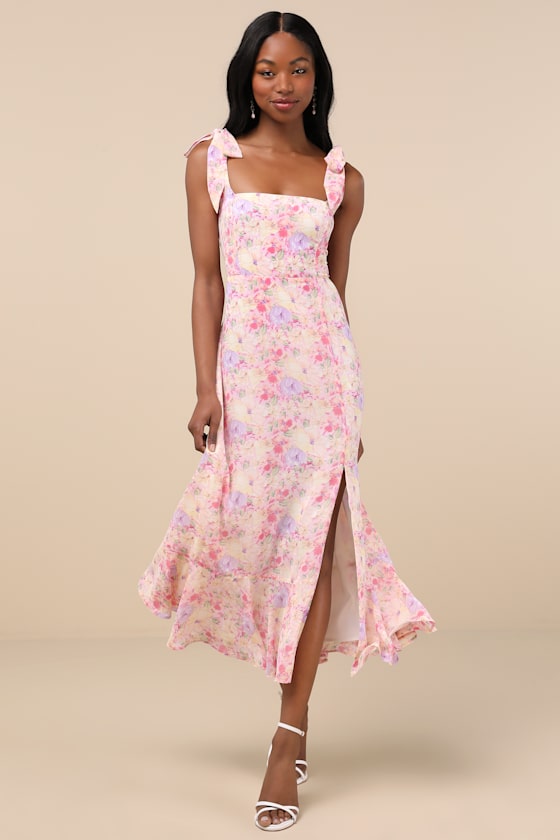 Summer Invite Pink Multi Floral Tie-Strap Tiered Midi Dress 2