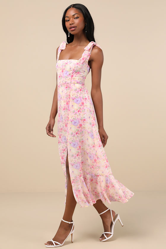 Lulus Summer Invite Pink Multi Floral Tie-strap Tiered Midi Dress In Pink