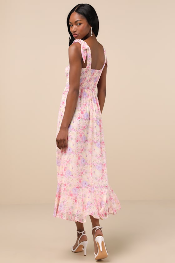 Lulus Summer Invite Pink Multi Floral Tie-strap Tiered Midi Dress In Pink