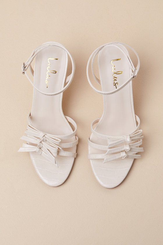 LULUS DEVEREUX BONE CROC-EMBOSSED BOW HIGH HEEL SANDALS