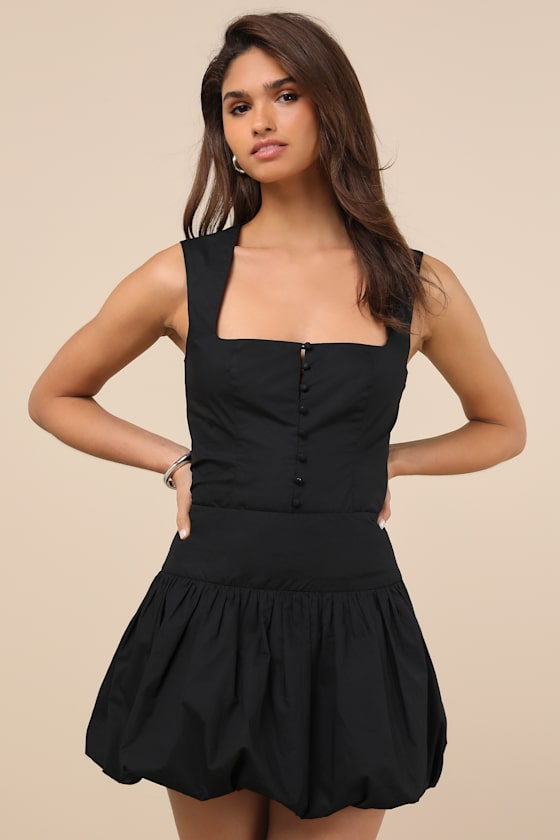 Lulus Evynne Black Poplin Bubble-hem Mini Skirt In Black