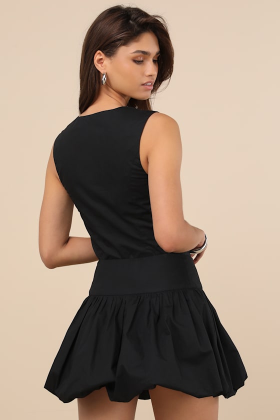 Lulus Evynne Black Poplin Bubble-hem Mini Skirt In Black