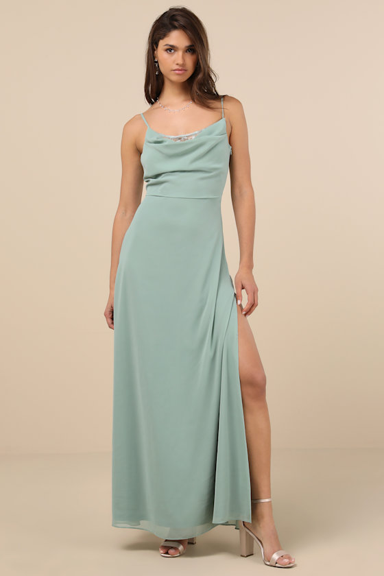 Lulus Eliora Sage Green Lace Cowl Neck Chiffon Maxi Dress In Sage Green