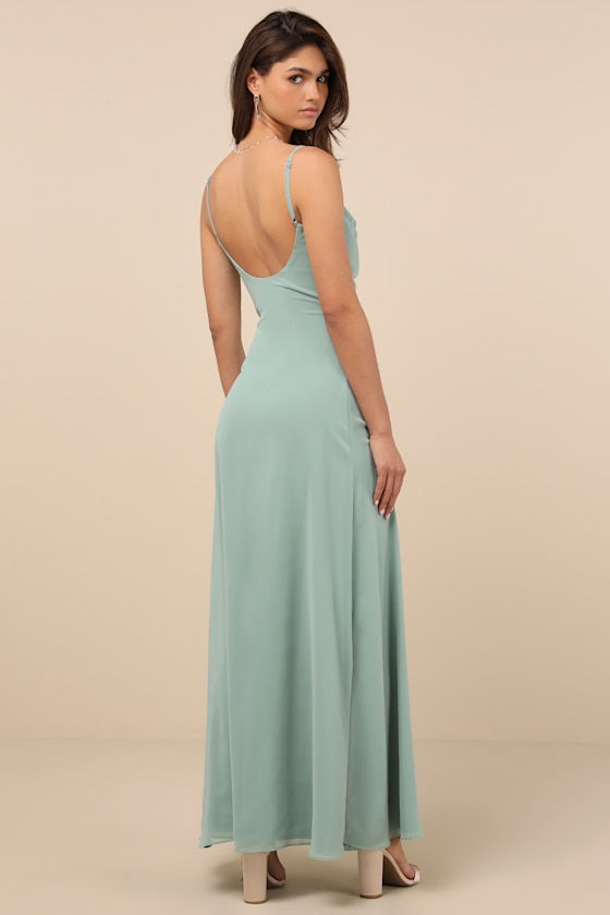 Lulus Eliora Sage Green Lace Cowl Neck Chiffon Maxi Dress In Sage Green