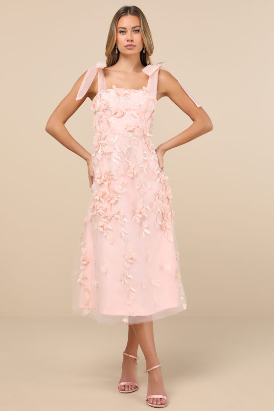 Image of Effortlessly Sweet Blush Tulle 3D Floral Tie-Strap Midi Dress
