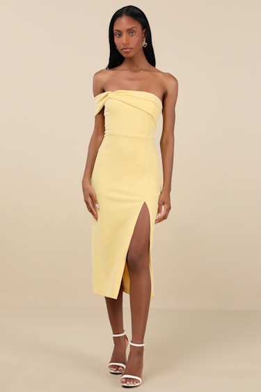 Twist and Make Up Light Yellow One-Shoulder Bodycon Midi Dress
