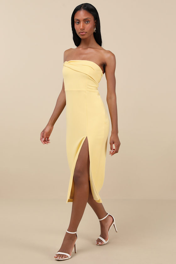 LULUS TWIST AND MAKE UP LIGHT YELLOW ONE-SHOULDER BODYCON MIDI DRESS