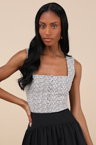 Kotone Black and White Gingham Embroidered Sleeveless Top 1