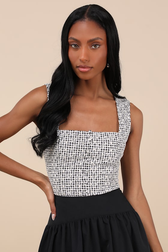 Kotone Black and White Gingham Embroidered Sleeveless Top 1