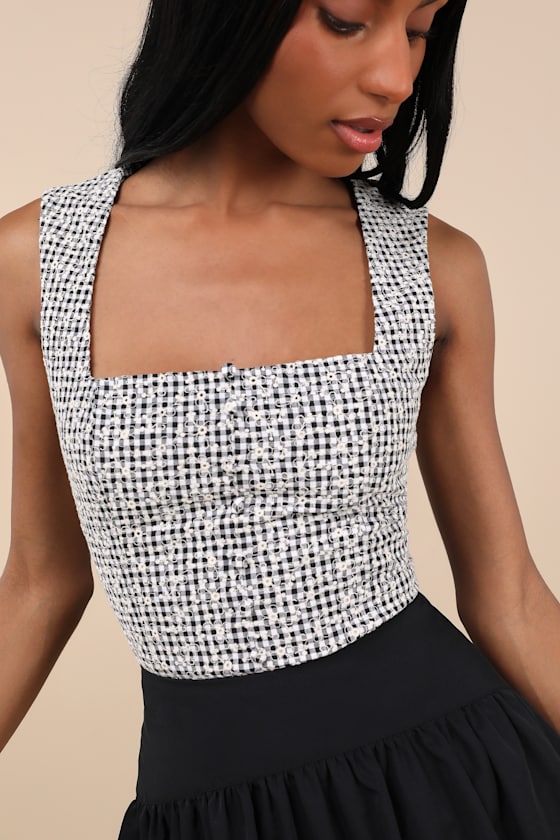 Lulus Kotone Black And White Gingham Embroidered Sleeveless Top In Black And White