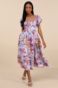 Adorable Tendencies Blue Floral Puff Sleeve Midi Dress 2