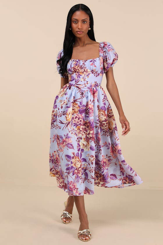 Adorable Tendencies Blue Floral Puff Sleeve Midi Dress 2