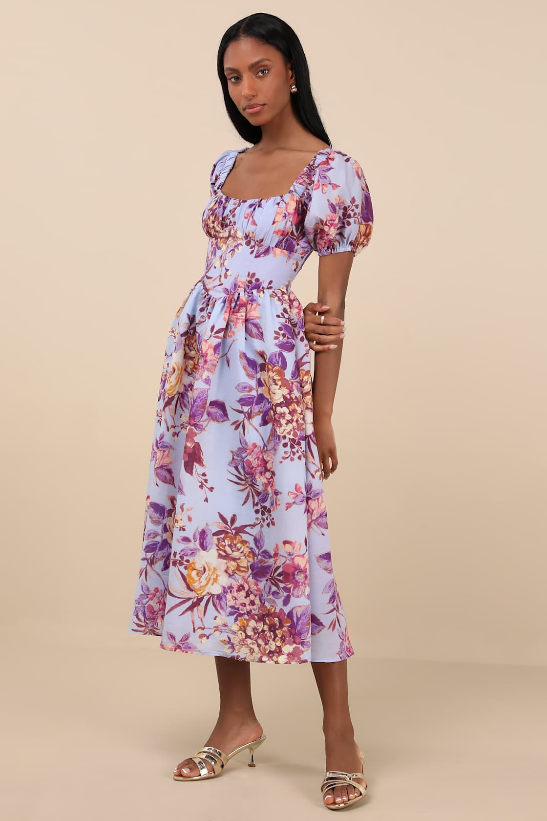 Adorable Tendencies Periwinkle Floral Puff Sleeve Midi Dress