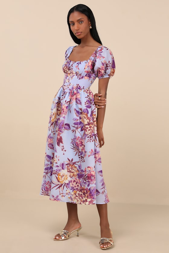 Adorable Tendencies Blue Floral Puff Sleeve Midi Dress 3