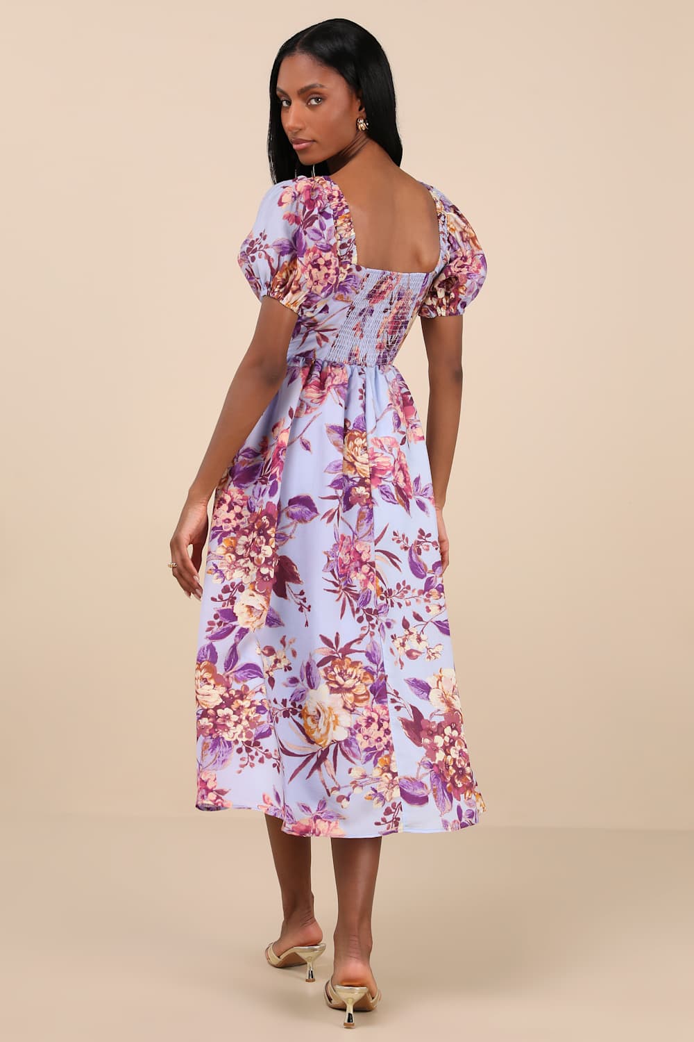 Adorable Tendencies Periwinkle Floral Puff Sleeve Midi Dress