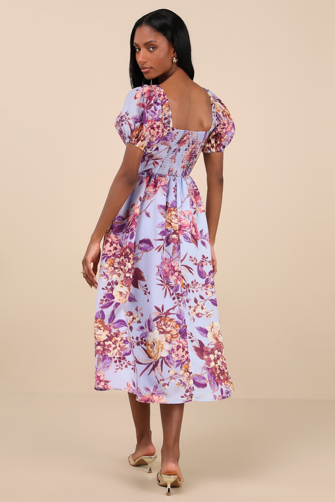 Adorable Tendencies Periwinkle Floral Puff Sleeve Midi Dress