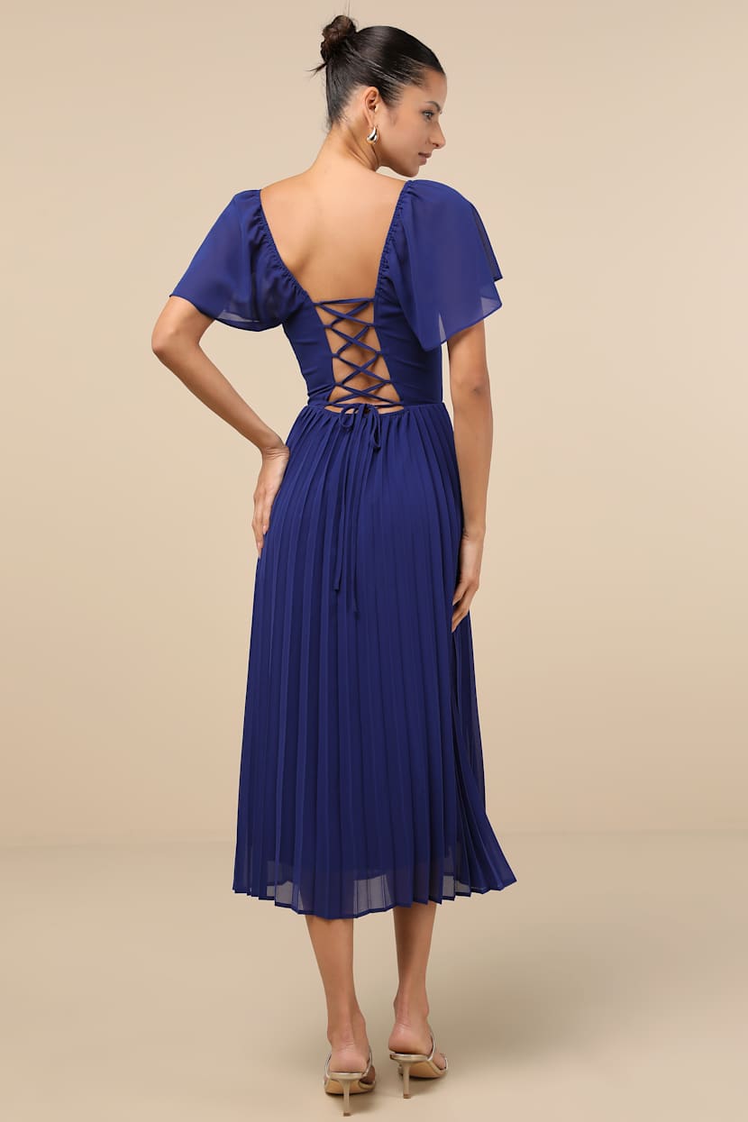 blue flutter sleeve midi dress Blue Floral Cotton Dress - Vintage-Inspired Lace Detail