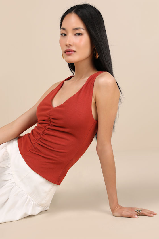 Lulus Kosta Rust Red Ruched Jersey Knit Tank Top In Rust Red